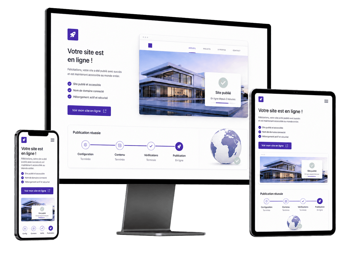 Site final prêt à être mis en ligne sur ordinateur, tablette et mobile
