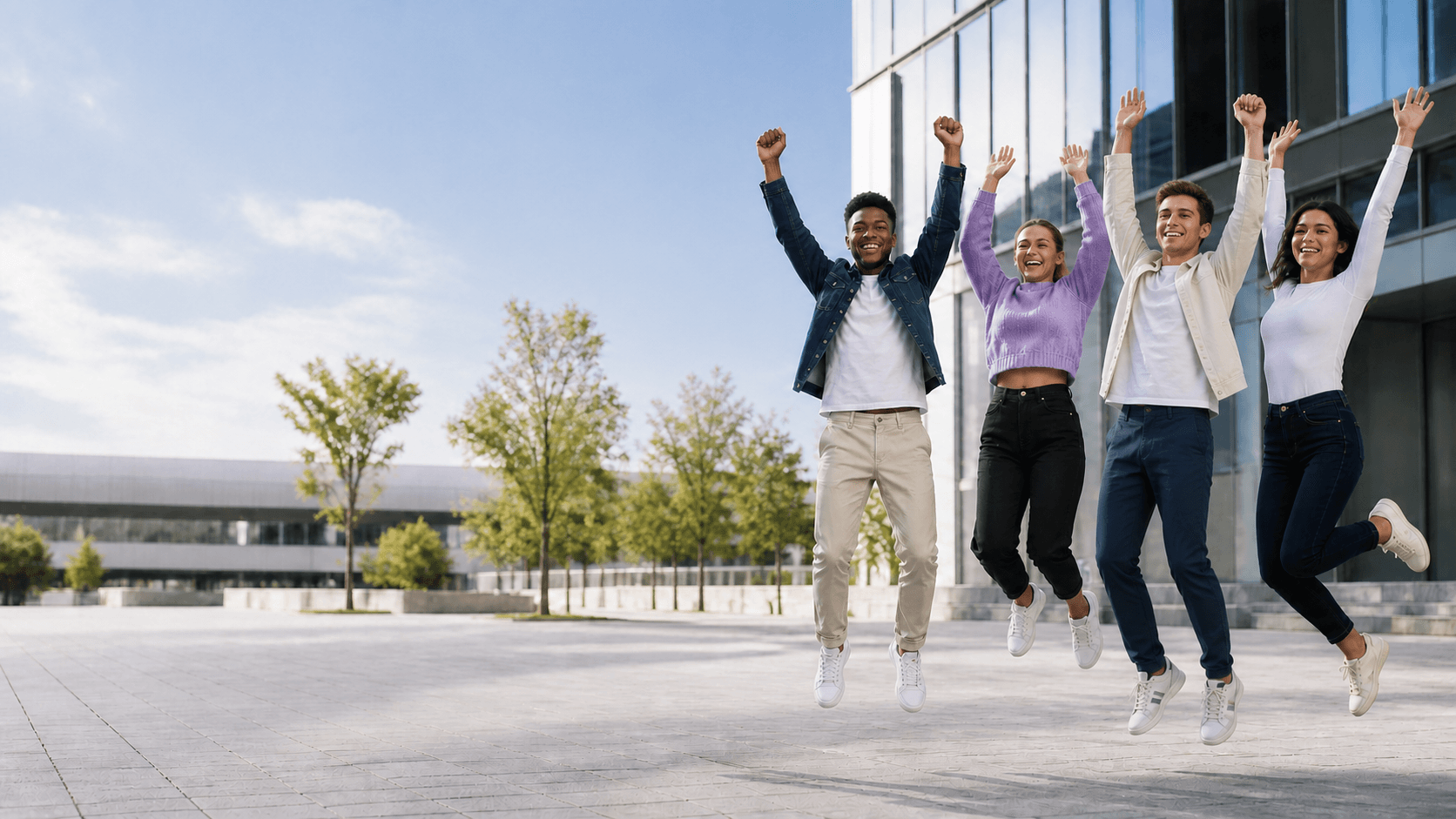 Groupe d'étudiants de différentes origines qui sautent de joie sur un campus
